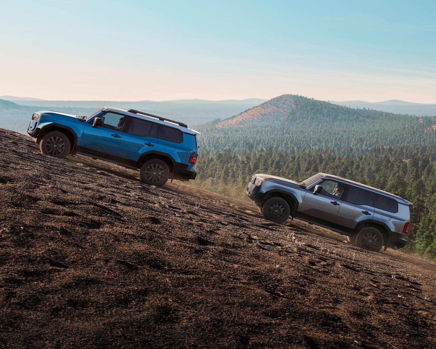 Toyota 2024 land cruiser in heritage blue and land cruiser 1958 in brown sugar metallic l